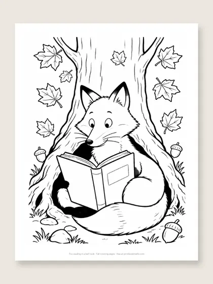 Fox reading in a leaf nook: fox coloring page