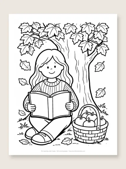 Girl reading under maple: fall coloring page
