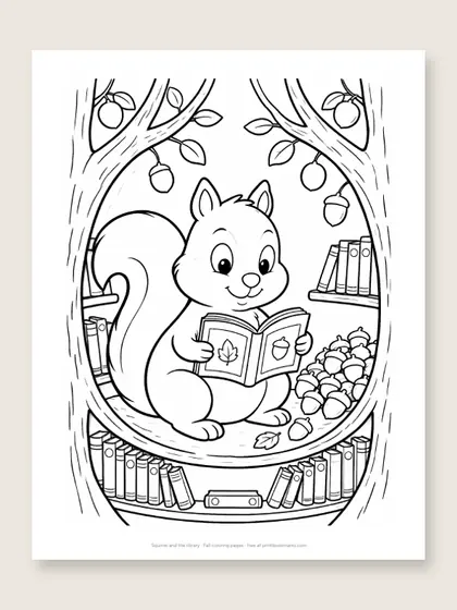 Squirrel and the library: fall coloring page