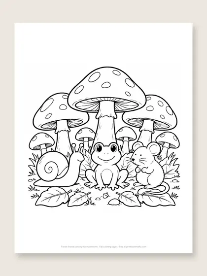 Forest friends among the mushrooms: fall coloring page