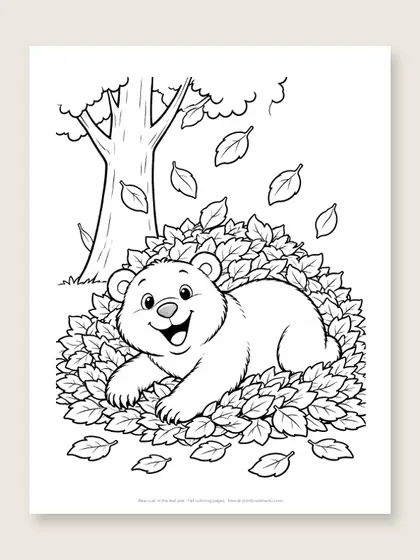 Bear cub in the leaf pile: bear coloring page