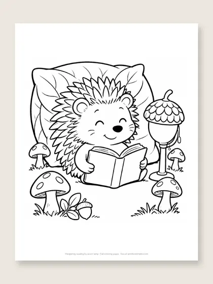 Hedgehog reading by acorn lamp: fall coloring page