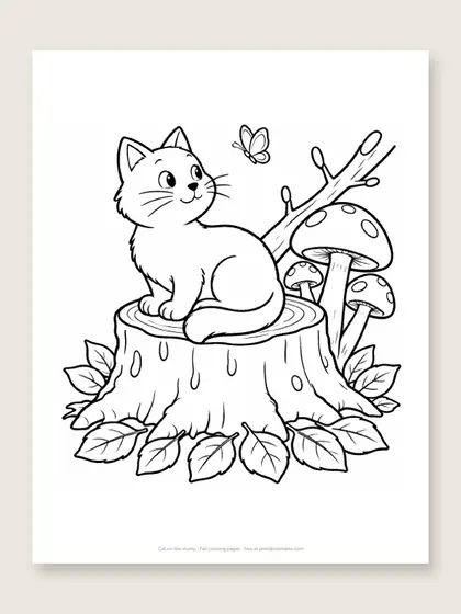 Cat on the stump: fall coloring page