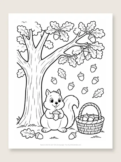 Squirrel under the oak: fall coloring page