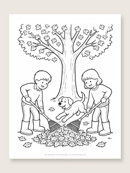 Kids raking leaves: fall coloring page