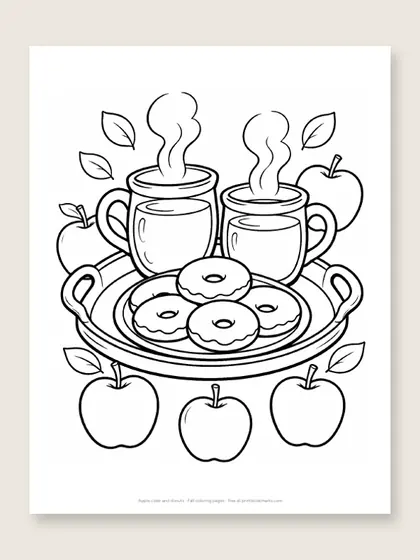 Apple cider and donuts: fall coloring page
