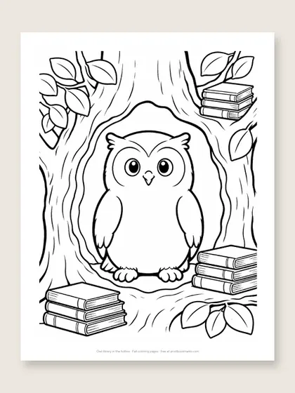 Owl library in the hollow: owl coloring page