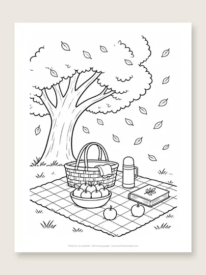 Fall picnic on a blanket: fall coloring page