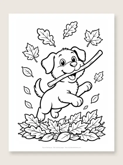 Pup in the leaves: fall coloring page
