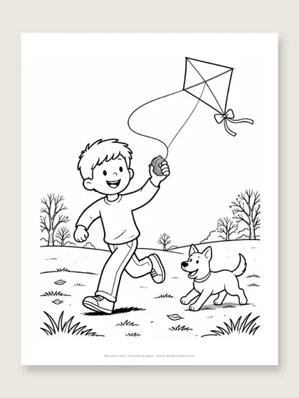 Boy with a kite: fall coloring page