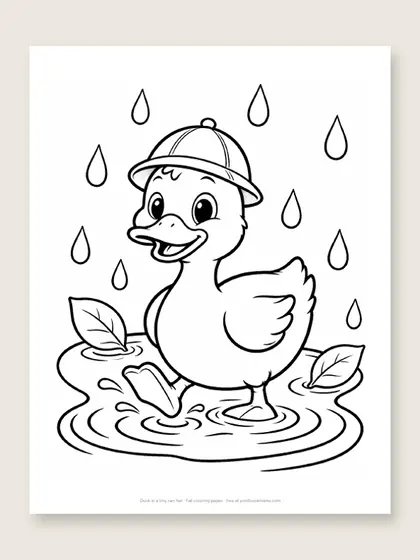 Duck in a tiny rain hat: fall coloring page