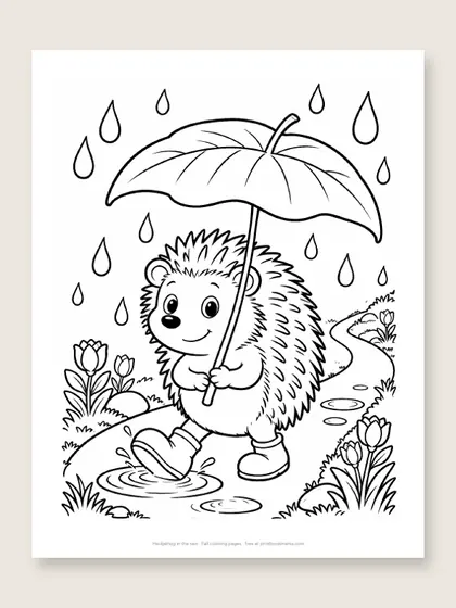 Hedgehog in the rain: fall coloring page
