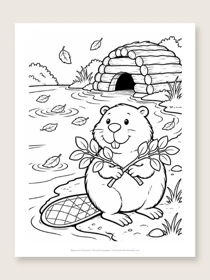 Beaver by the pond: fall coloring page