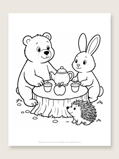 Woodland acorn tea party: fall coloring page