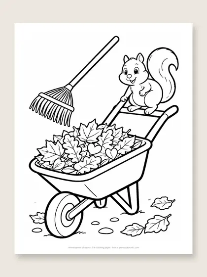 Wheelbarrow of leaves: fall coloring page