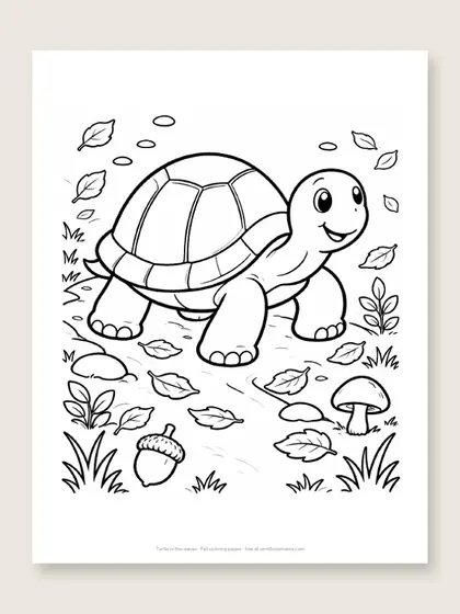 Turtle in the leaves: fall coloring page