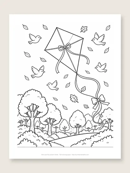 Kite over the autumn forest: fall coloring page