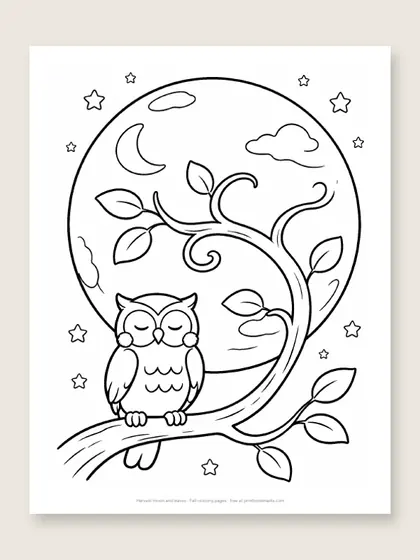 Harvest moon and leaves: fall coloring page