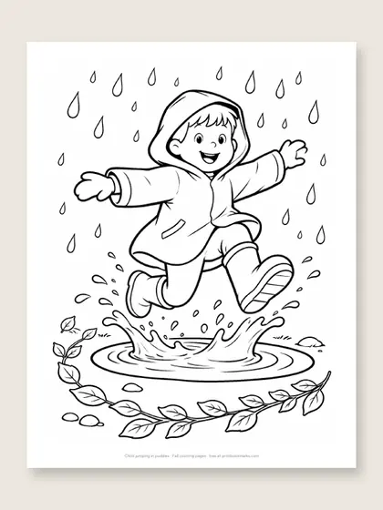 Child jumping in puddles: fall coloring page