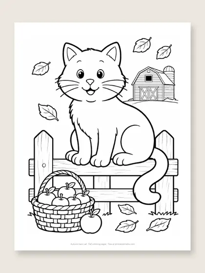 Autumn barn cat: fall coloring page
