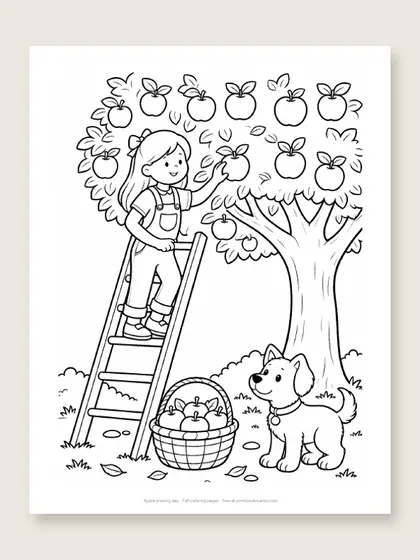 Apple picking day: fall coloring page