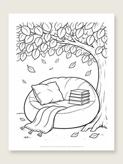 Reading nook with leaves: fall coloring page