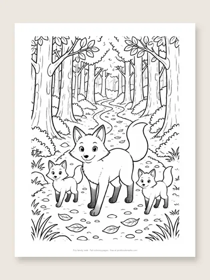 Fox family walk: fox coloring page