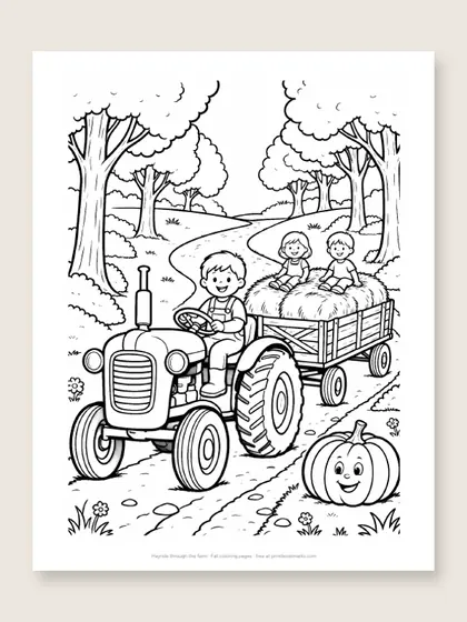 Hayride through the farm: fall coloring page