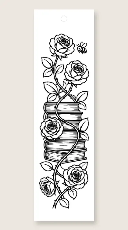 Roses around book stack: flower coloring bookmark