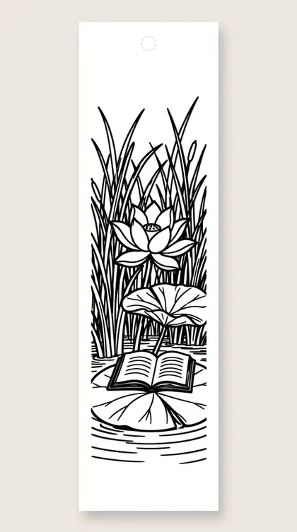 Lotus and open book: flower coloring bookmark