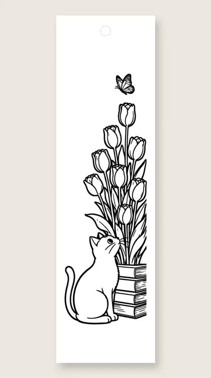 Cat sniffs tulips: flower coloring bookmark