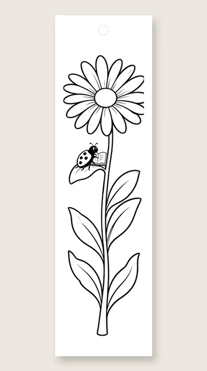 Ladybug reads on daisy: flower coloring bookmark