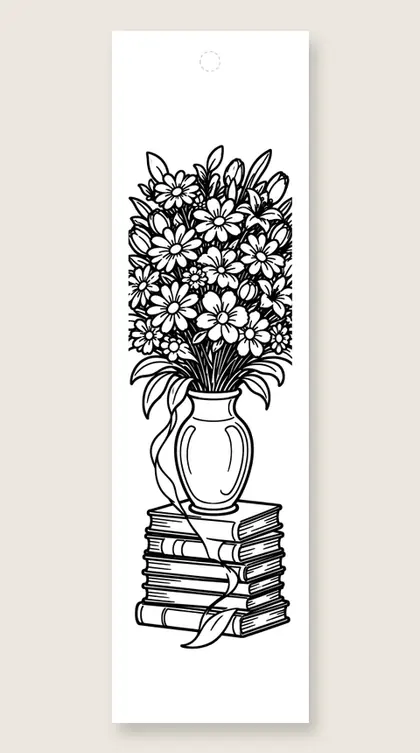 Bouquet on book stack: flower coloring bookmark