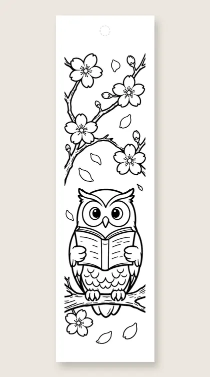 Owl in a blossom tree: flower coloring bookmark