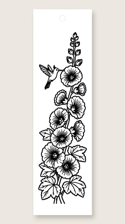 Hollyhock and hummingbird: flower coloring bookmark