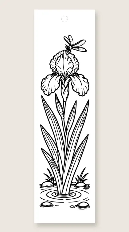 Iris and dragonfly: flower coloring bookmark