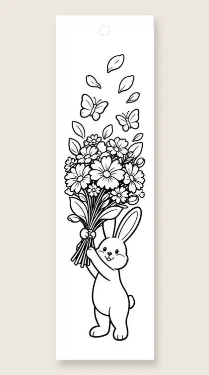 Bunny with a bouquet: flower coloring bookmark