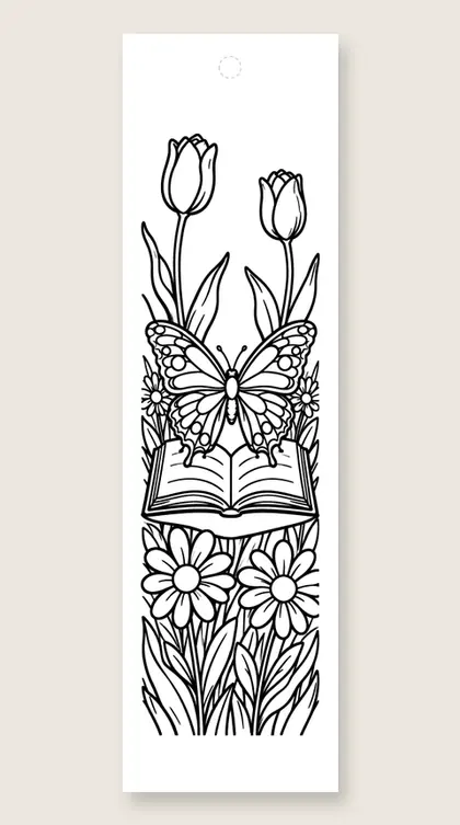 Butterfly lands on a book: coloring bookmark