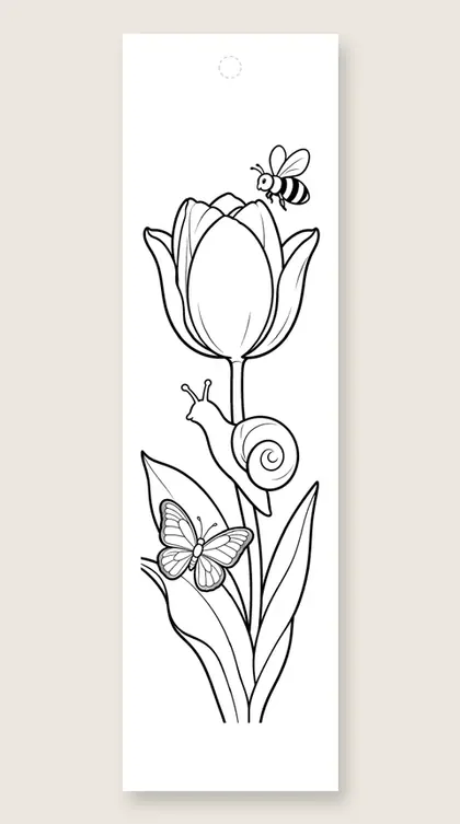 Garden snail on tulip: flower coloring bookmark