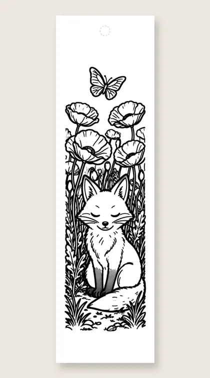 Poppies and a fox: flower coloring bookmark