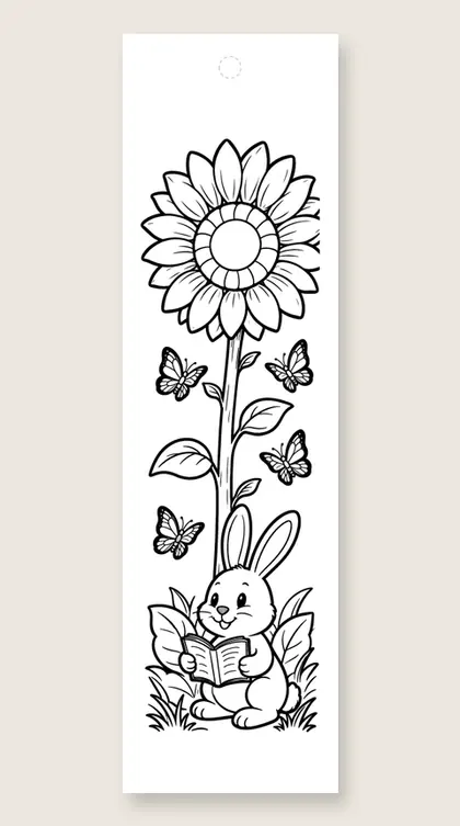 Bunny reads under sunflower: coloring bookmark