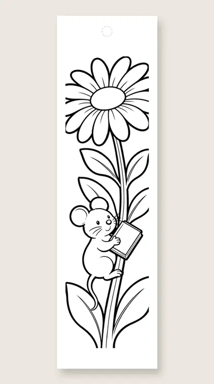Mouse climbs a flower stem: coloring bookmark