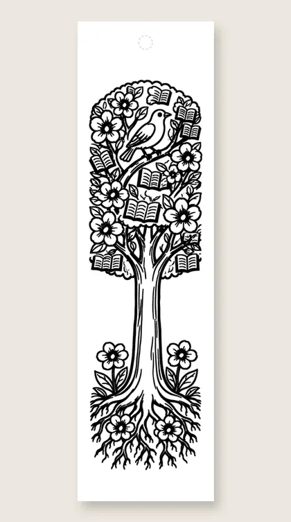 Library garden tree: flower coloring bookmark