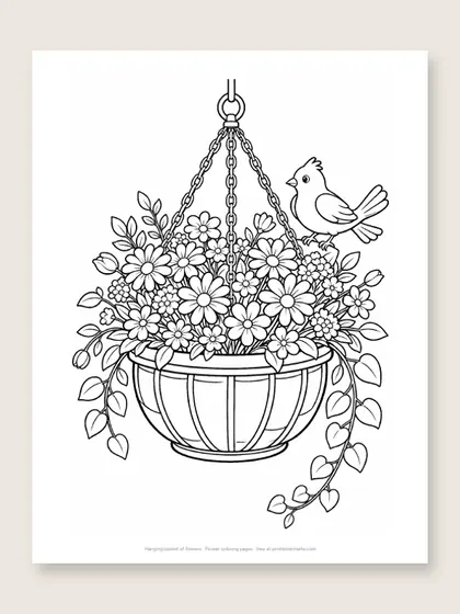 Hanging basket of flowers: flower coloring page