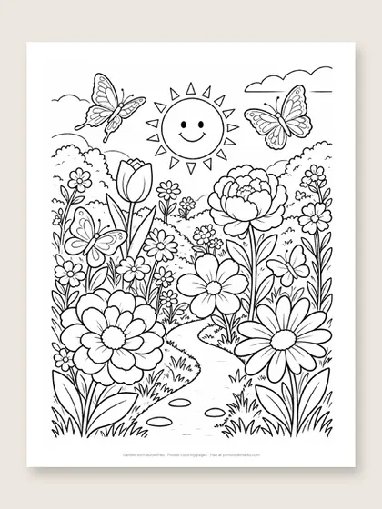 Garden with butterflies: flower coloring page