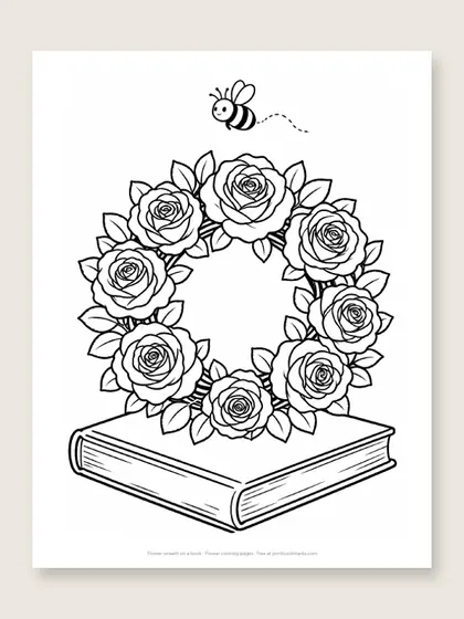 Flower wreath on a book: flower coloring page