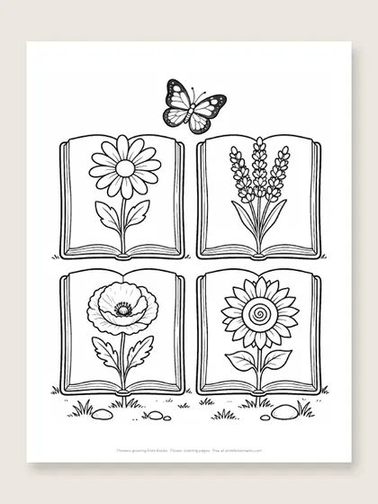 Flowers growing from books: flower coloring page
