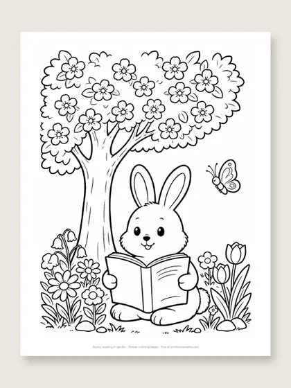 Bunny reading in garden: flower coloring page