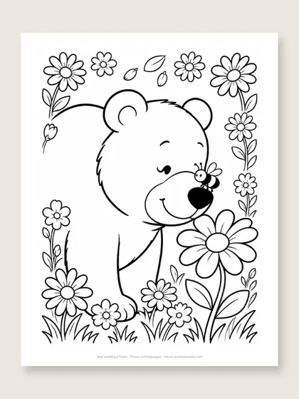 Bear smelling a flower: bear coloring page