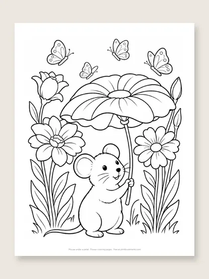 Mouse under a petal: flower coloring page